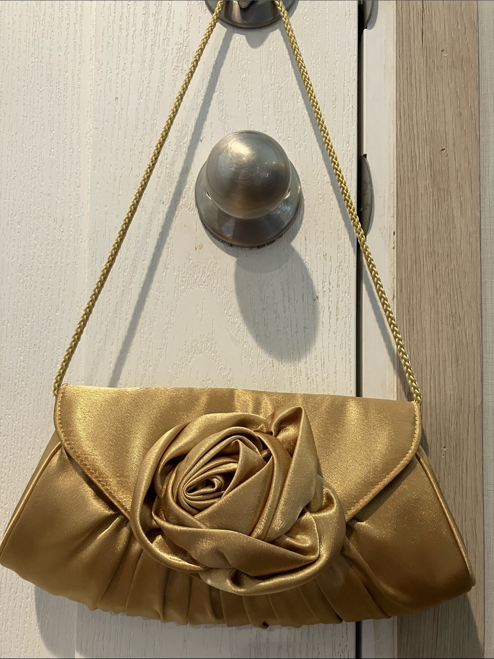 Jessica McClintock Gold Satin Rose Evening Clutch with Chain